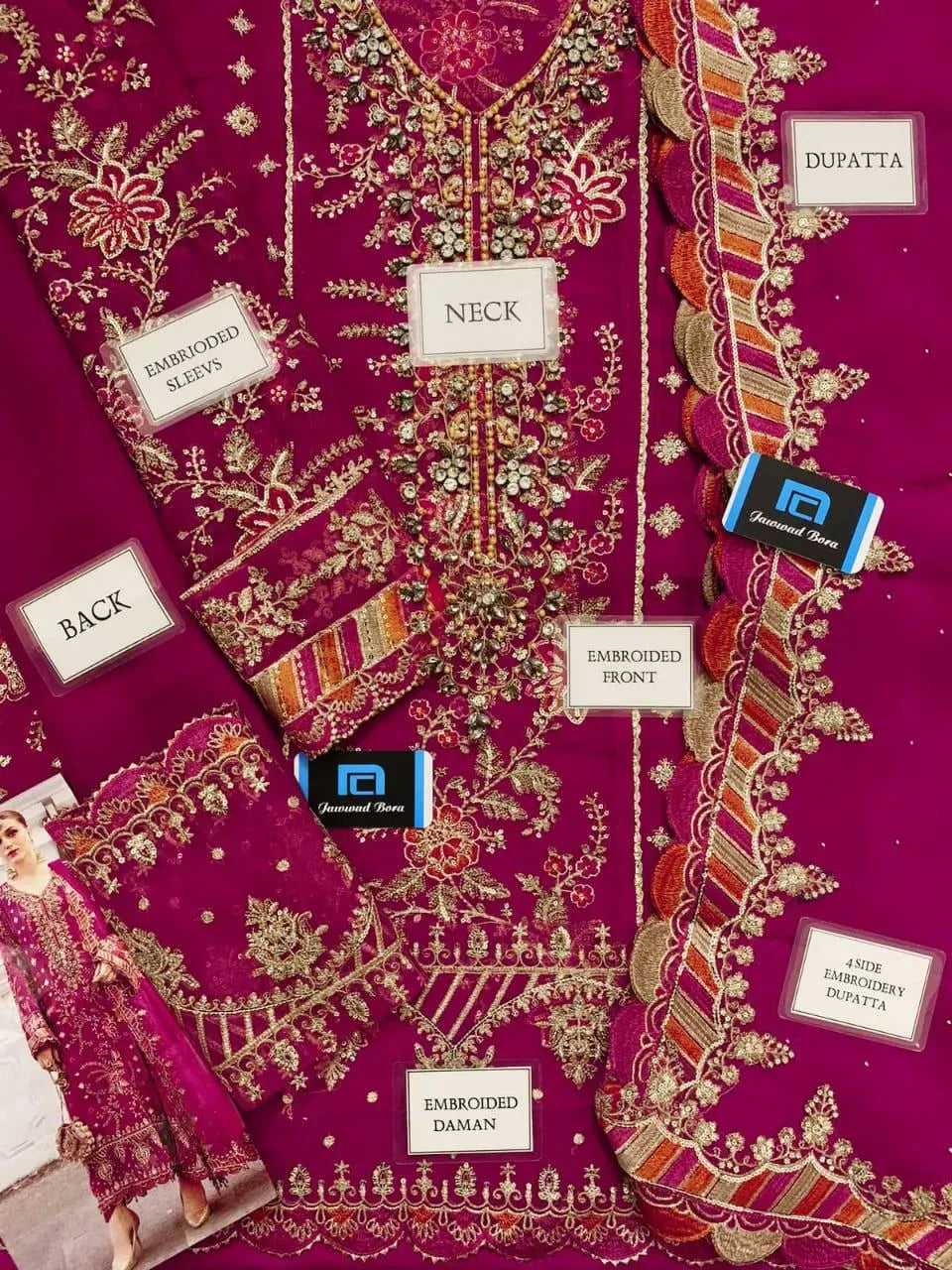 Ombré Pink Embroidered Dress 3 Pcs Unstitched