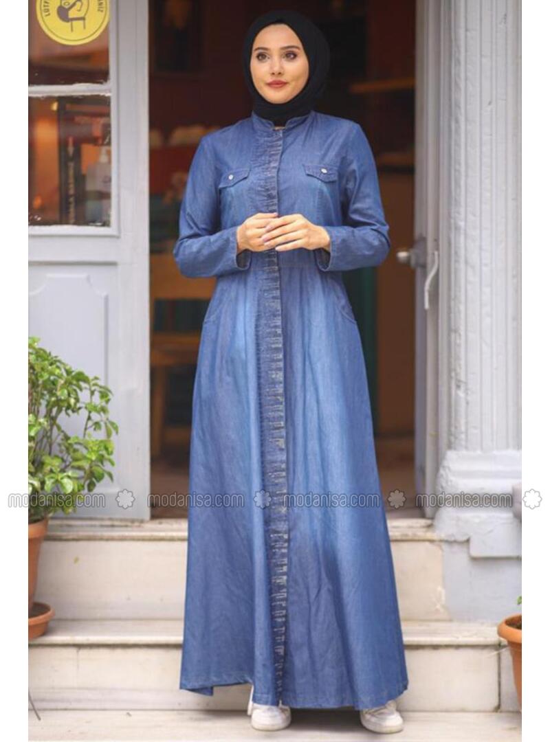 Tarseel - Navy Blue Summer Maxi Style Embroidered Denim Abaya - Premium  Quality, Stylish And Wash-And-Wear Modest Wear